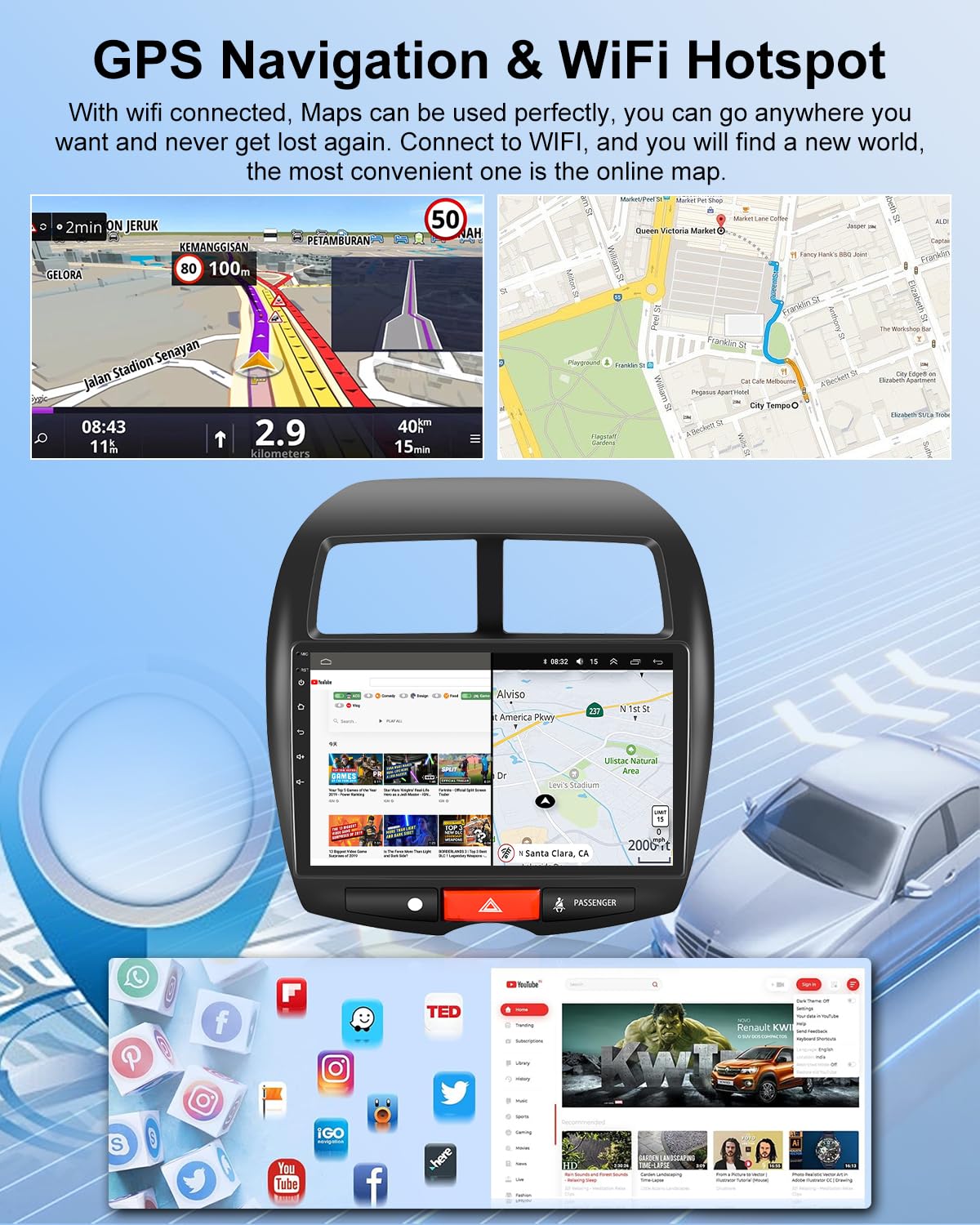 NHOPEEW Autoradio 2+64G per Mitsubishi ASX 2010-2016/Peugeot 4008 2012/Citroen C4 2007-2013 - Carplay senza fili e Android Auto - Stereo Android da 10,1 pollici con WiFi EQ GPS Mirror Link FM RDS