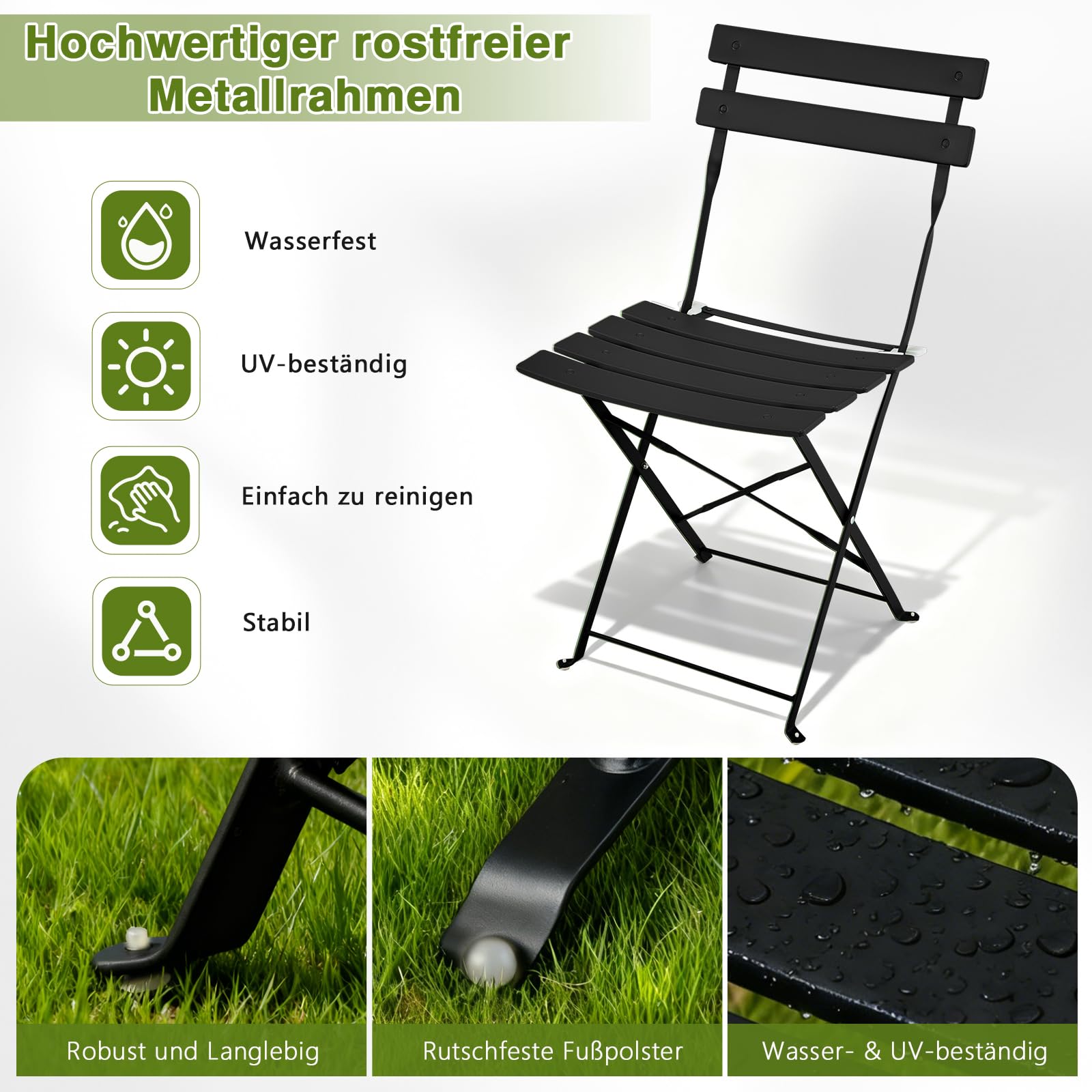 LEADZM Gartenmöbel Bistro Set Metall, Bistroset 3 teilig Klappbar - Bistrotisch mit 2 Klappstühlen, Balkonmöbel Klappbar für Balkon und Garten, Schwarz