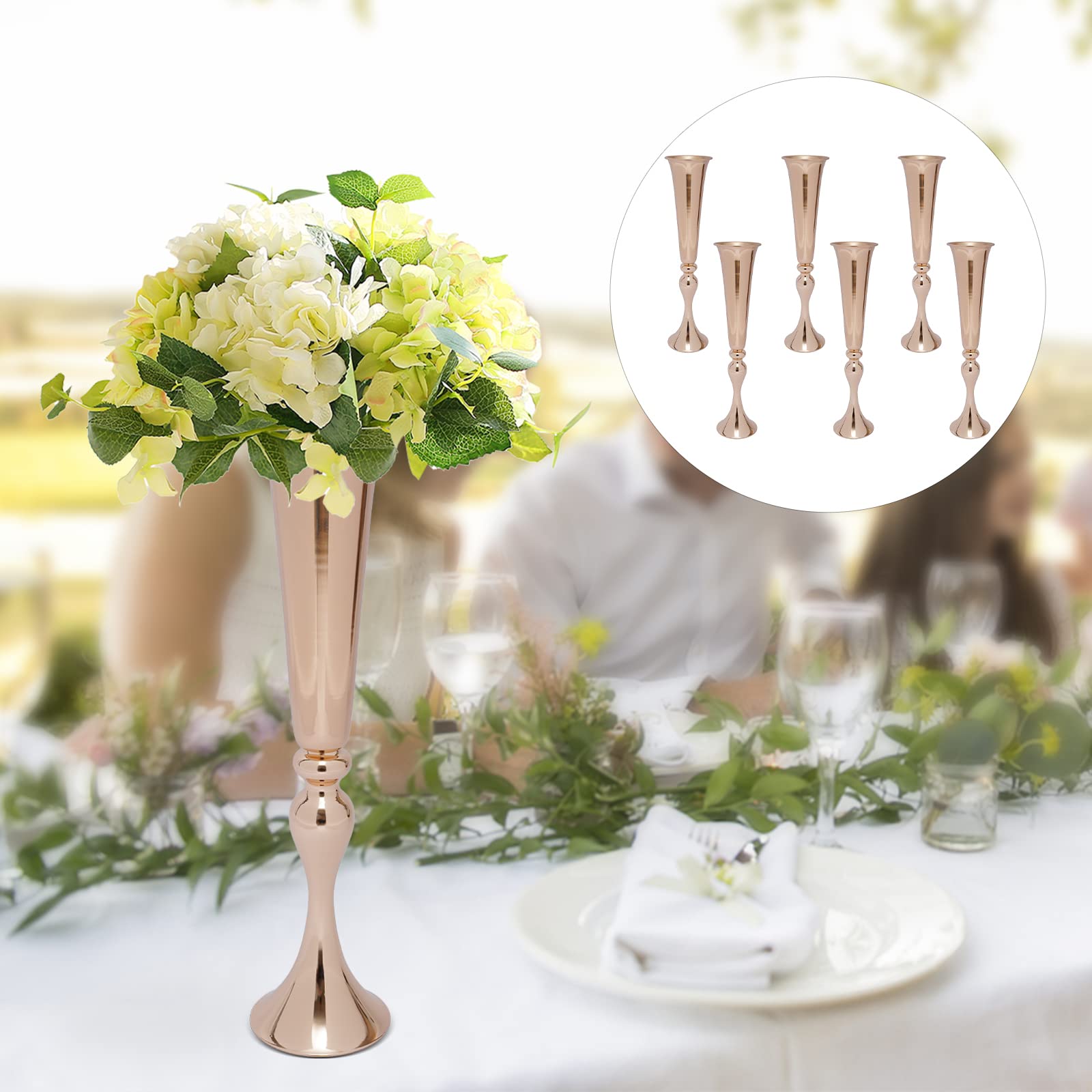 6 jarrones dorados para decoración de mesa de boda, jarrón de metal, jarrón de trompeta para boda, jarrón decorativo, maceta de 56,5 cm, jarrones de trompeta de flores de metal
