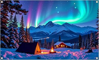 2025 5.9× 3.6ft Colorful Northern Lights Backdrop,Christian Forest Backdrop with Bonfire Cabin Arctic Light Snow Mountain,True North Decorations for Wallpaper Home Decor Photo Studio Props