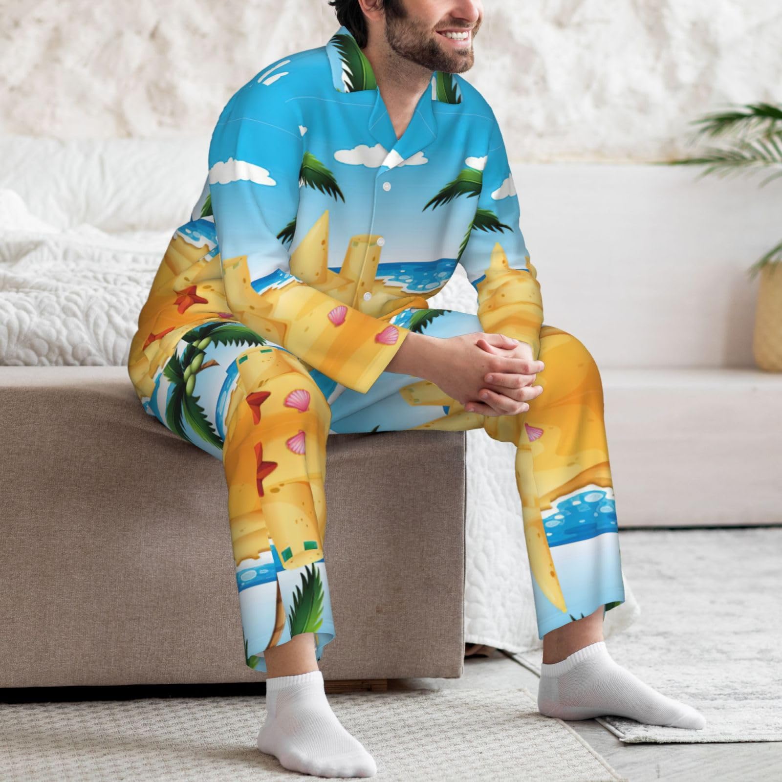 Conjunto de pijama con estampado de casa de arena para hombre, pijama suave de manga larga con botones y bolsillos