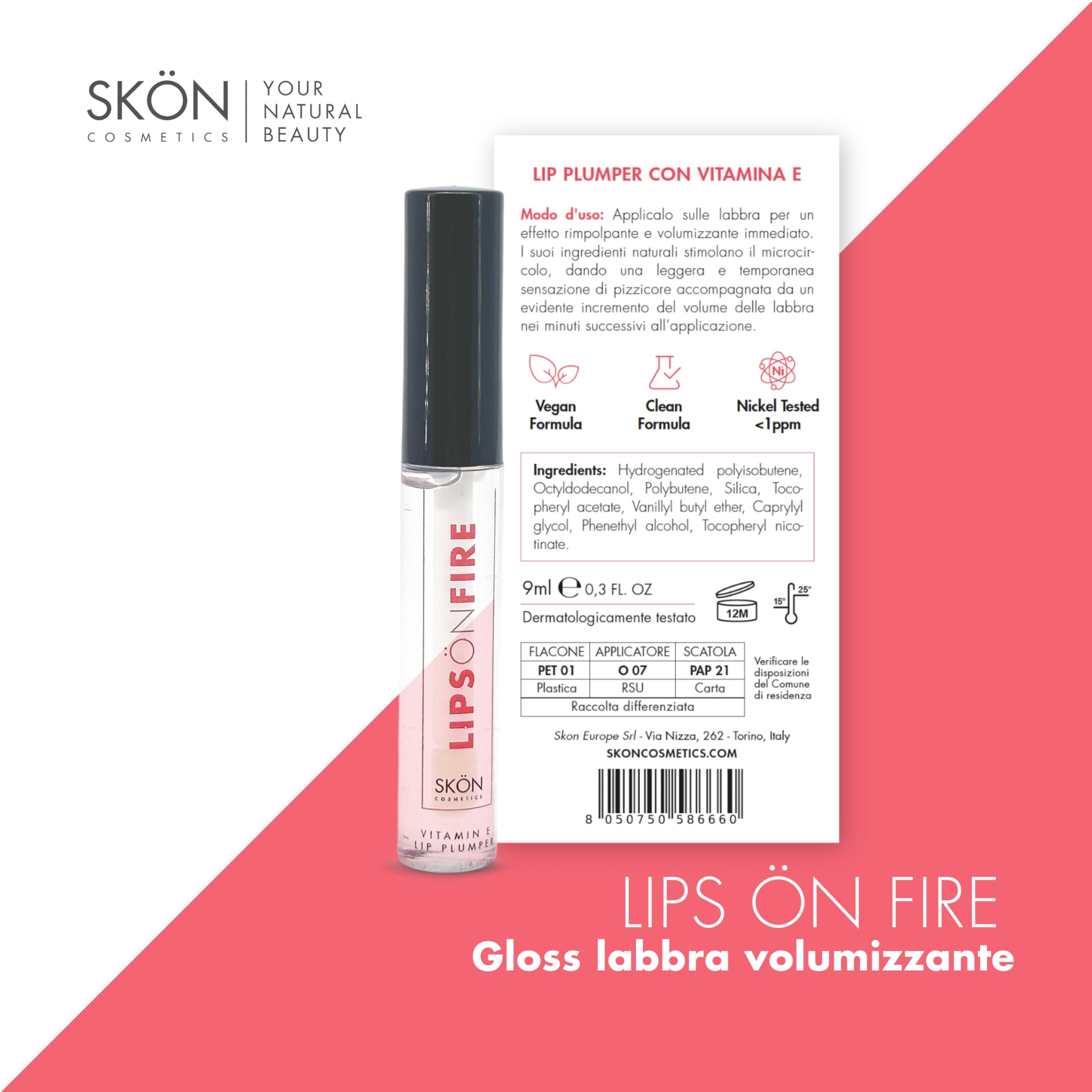 Skön Lips On Fire - Gloss Labbra Volumizzante con Vitamina E e B3, Lip Plumper Nutriente, Dona Volume Immediato e Mantiene le Labbra Morbide e Idratate, Lucidalabbra Rimpolpante, 9 ml, Made in Italy