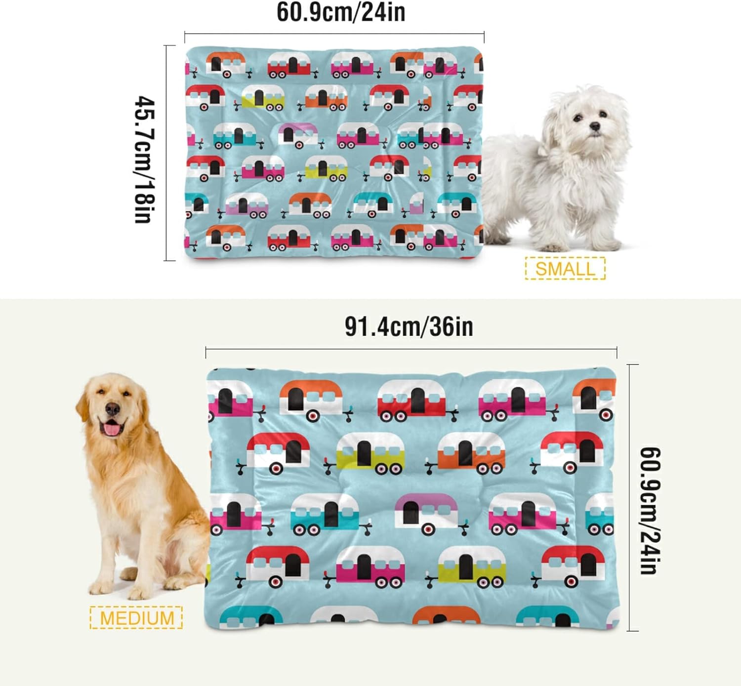 review Colorful Seamless Happy Camper Caravan on Turquoise Dog Cat Bed Mat, Soft Crate Pad Mattress Cushion for Small Medium Pets, Anti Slip Sleeping Kennel Mat Washable & Dry 24x18 inch