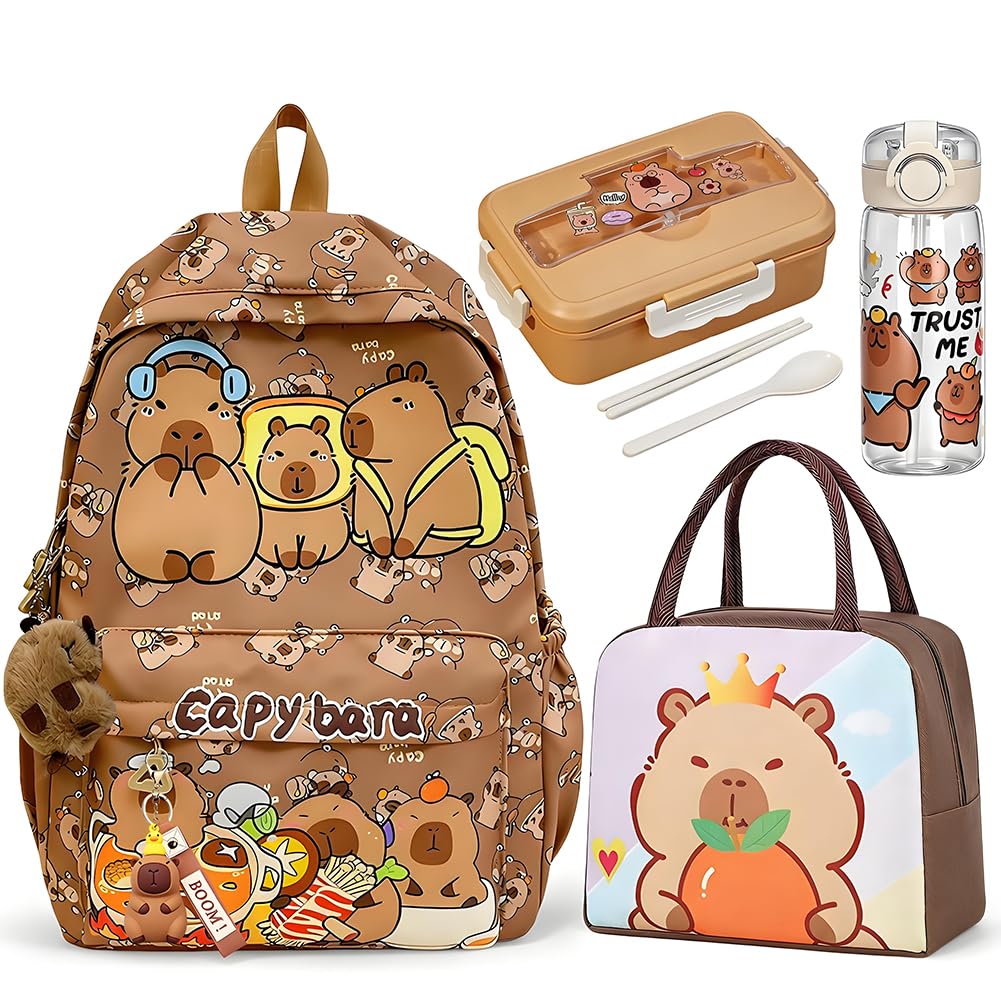 Sac à Dos Scolaire Kawaii Grande Capacité Capybara avec Sac à Lunch Isotherme et Bouteille d'Eau