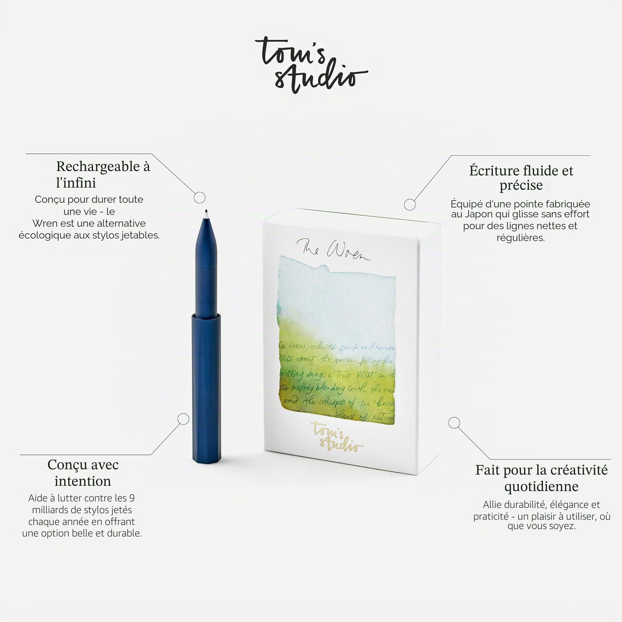 Tom's Studio The Wren – Stylo d'écriture rechargeable quotidien (minuit) | Pointe japonaise (0,3–0,5 mm) | Aluminium anodisé | Comprend un réservoir d'encre et 3 ml d'encre minuit | Cadeau compact