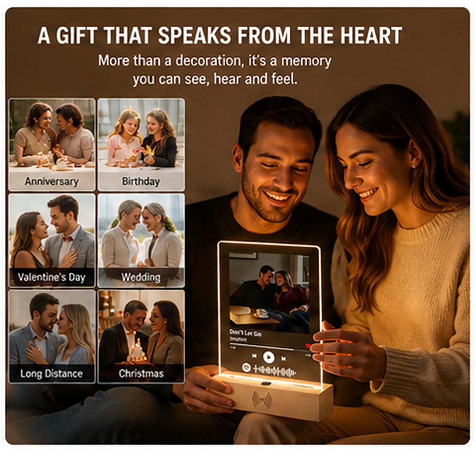 Placa de canción personalizada con reproductor de música integrado y luz con sensor de movimiento, placa de música personalizada para regalo para novia, novio, aniversario, cumpleaños, boda, regalo de 4