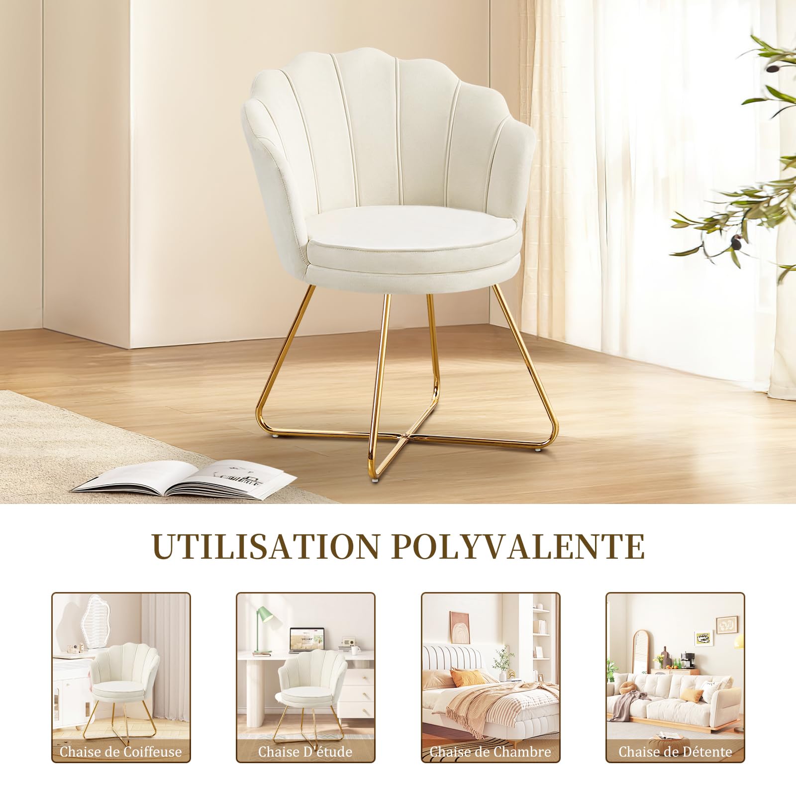 Hellove Chaise Coiffeuse, Chaise Coquillage Velours avec Pieds en Métal l'or, Fauteuil Salon Confortable, Fauteuil Lecture, Chair pour Salon, Chambre, Tabouret Coiffeuse, Beige