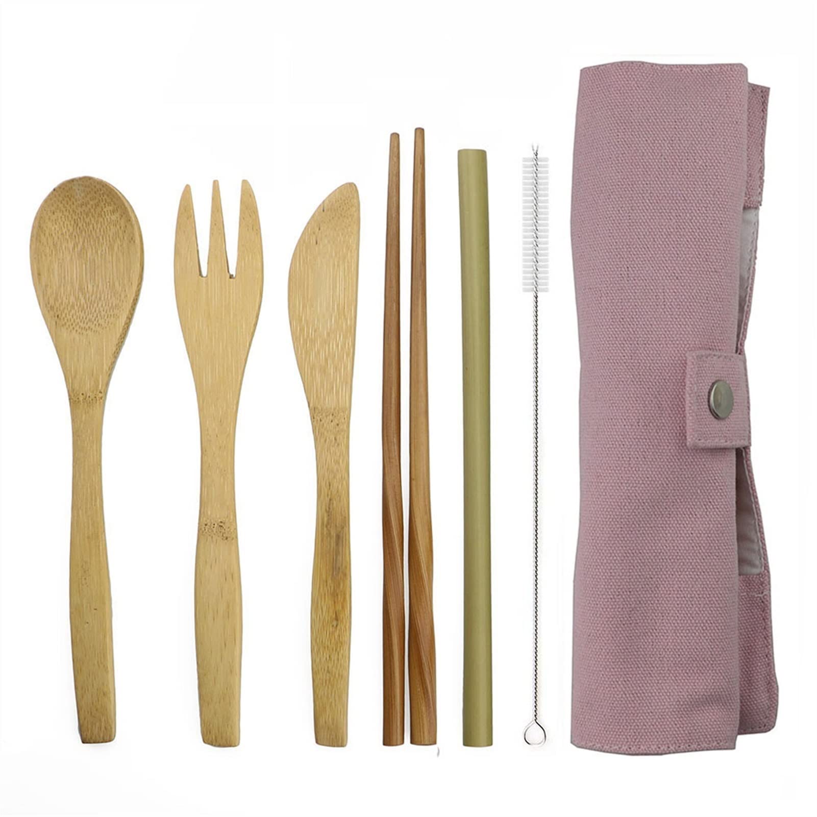 Ensemble de Couverts en Bois de fête 7 pièces avec Couteau, Fourchette, cuillère, Sac en Tissu de Paille de Bambou pour hôtel, Bar, Maison, fête exceptionnelle