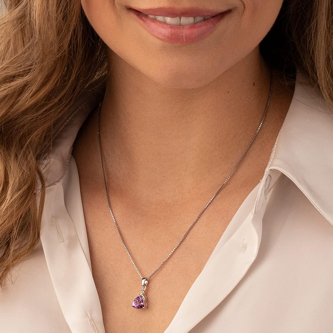 PEORA Amethyst Solitaire Drop Pendant Necklace for Women 925 Sterling Silver, Natural Gemstone, 1.50 Carats Trillion Cut 8mm, with 18 inch Chain, Real Purple Amethyst Necklace, w/Jewelry Box