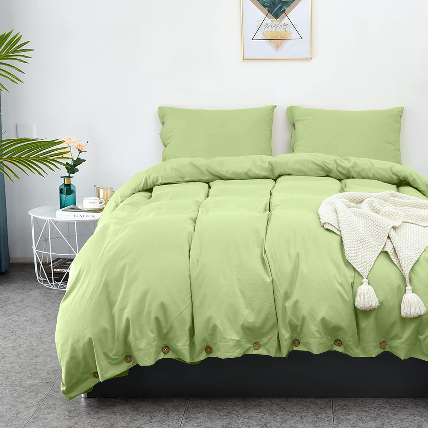 LHKIS Duvet Cover Cal King, Green Farmhouse Duvet Cover Set, Soft Microfiber Comforter Cover Hotel Button Bedding Duvet Cover 3 Pieces