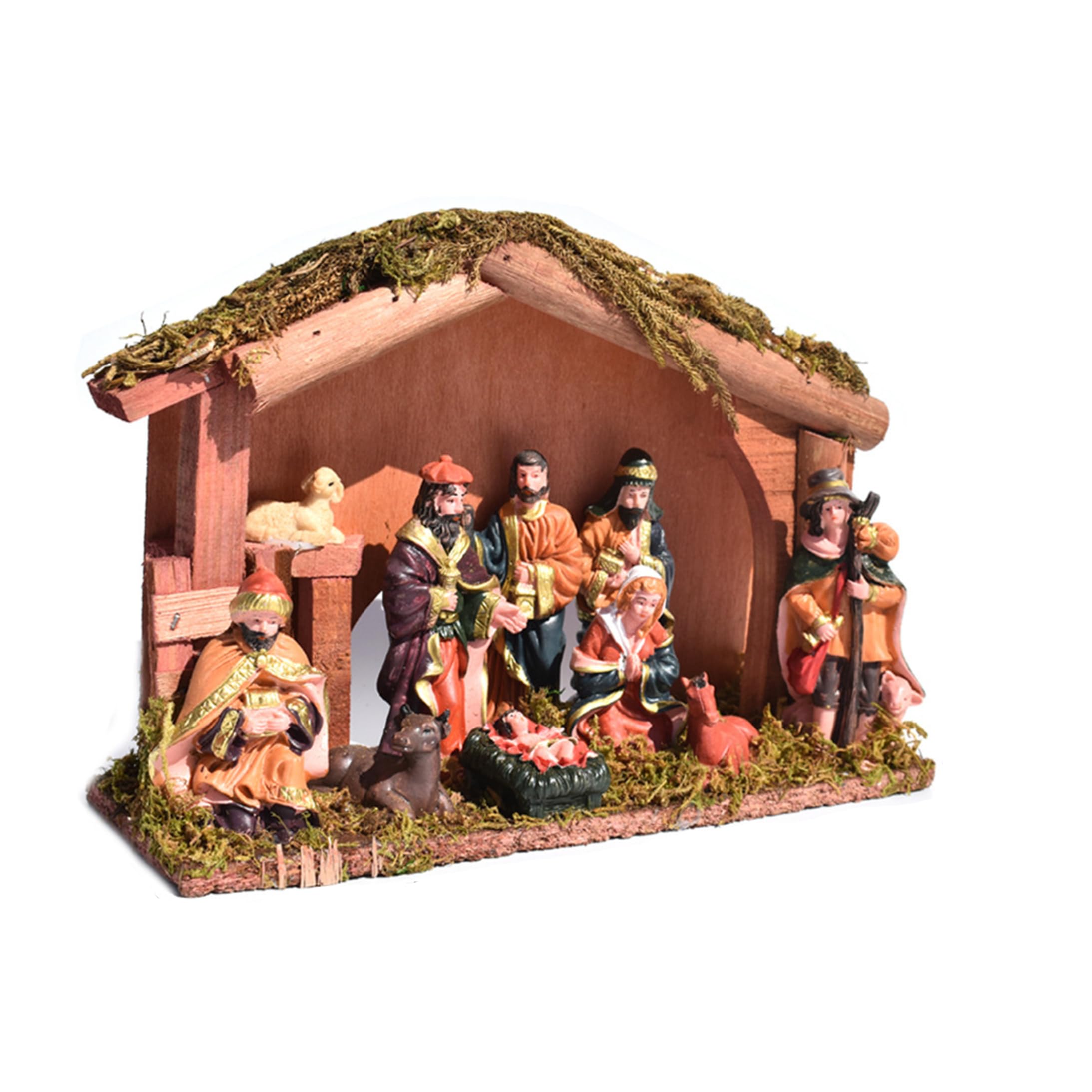 Statuine e presepi, statuine natalizie in resina con capanna in legno