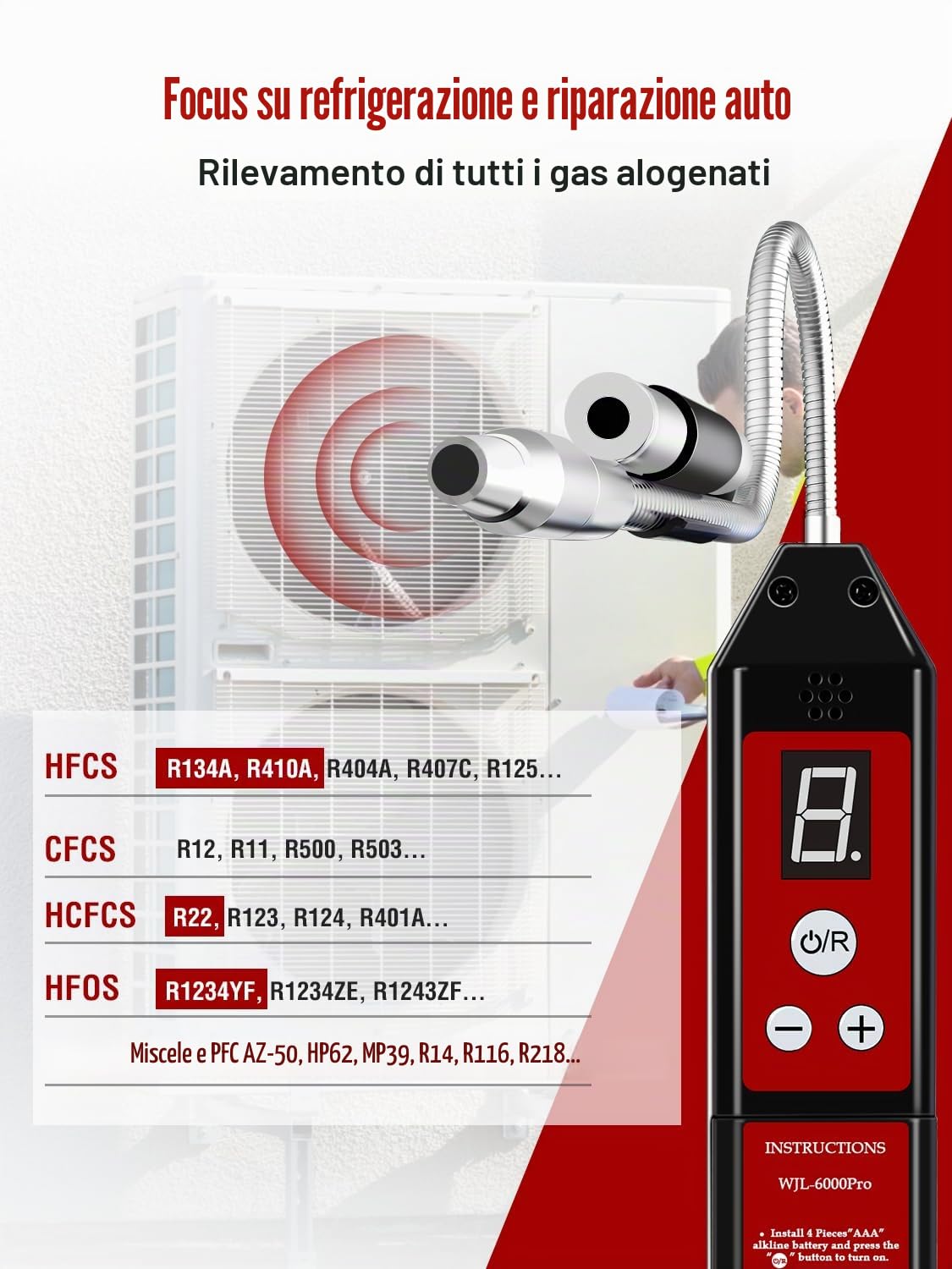WJL-6000PRO Rilevatore Gas Refrigerante CON LUCE LED, Portatile, Controllo Perdite, HVAC Freon tester di perdita per aria condizionata auto