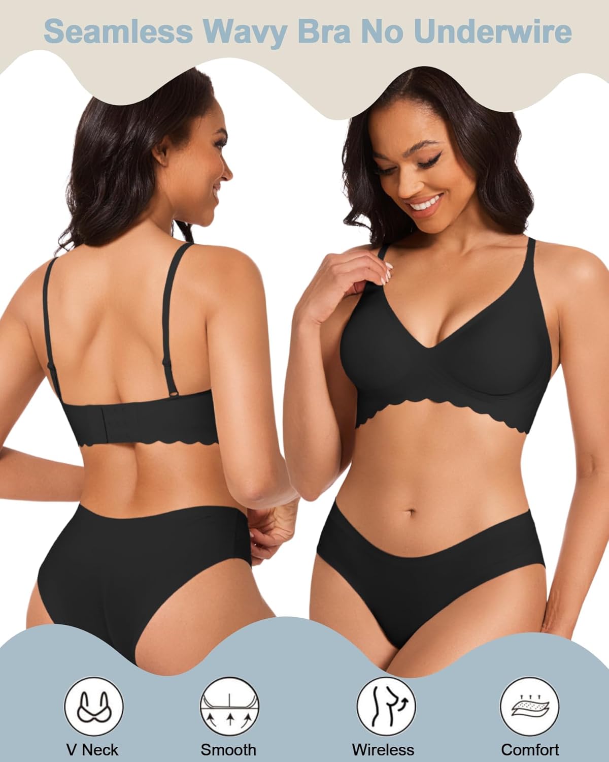 Deep V Bra Low Cut Plunge Bras V Neck Wireless Bralette Padded Seamless Bra with Scalloped Edges - Image 2