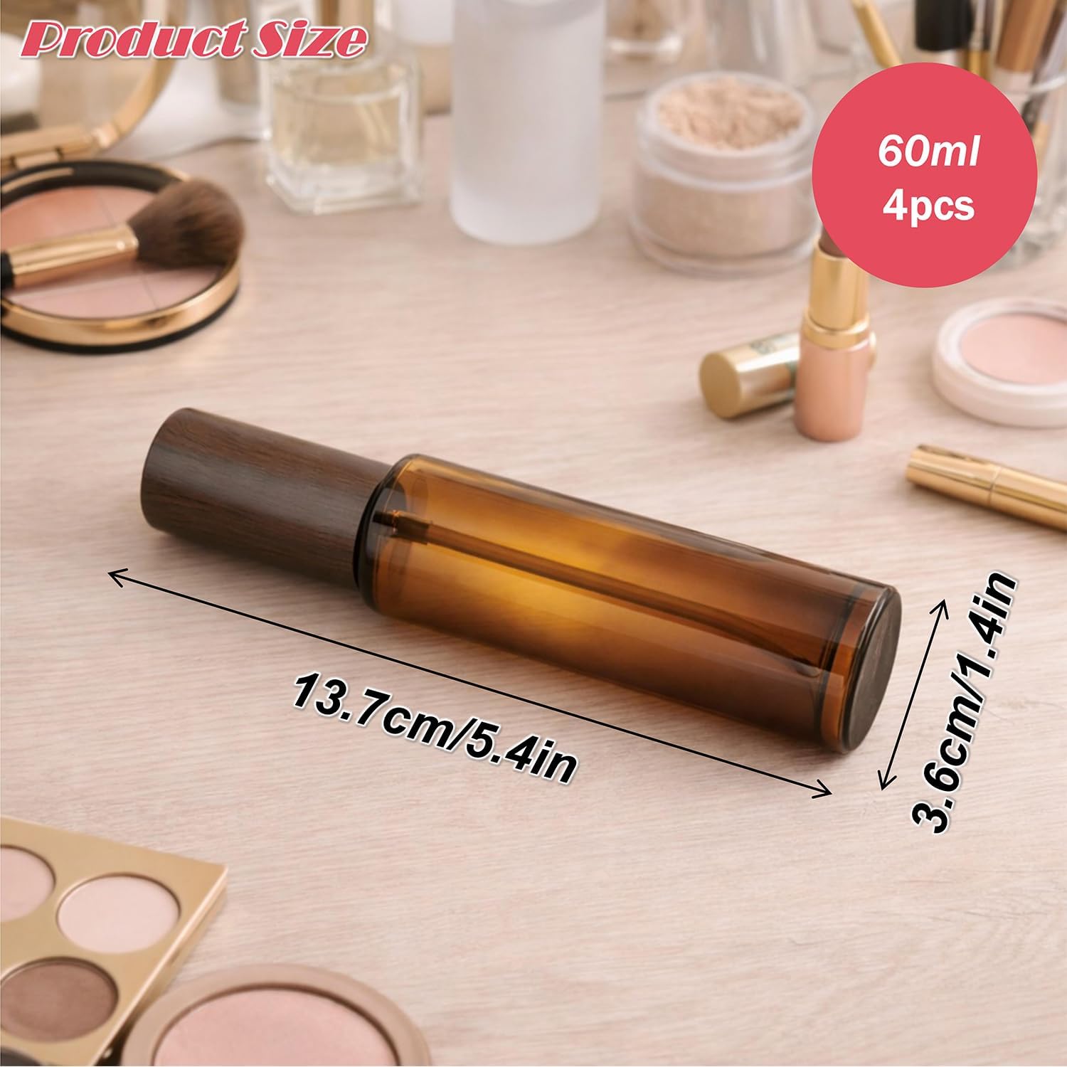 4Packs 60ml/2Oz Amber Glass Spray Bottle Refillable Fine Mist Sprayer with Wood Grain Cap Reusable Empty Container for Perfume, Essential Oils, Room Spray image 2