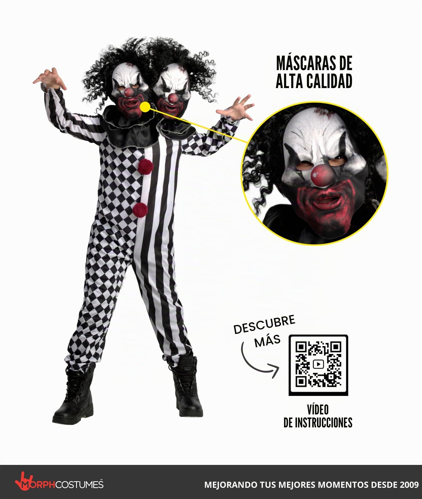 Morph Deluxe Disfraz Payaso Asesino Niño 2 Cabezas y Niña, Payaso Siniestro Halloween Niños, Miedo