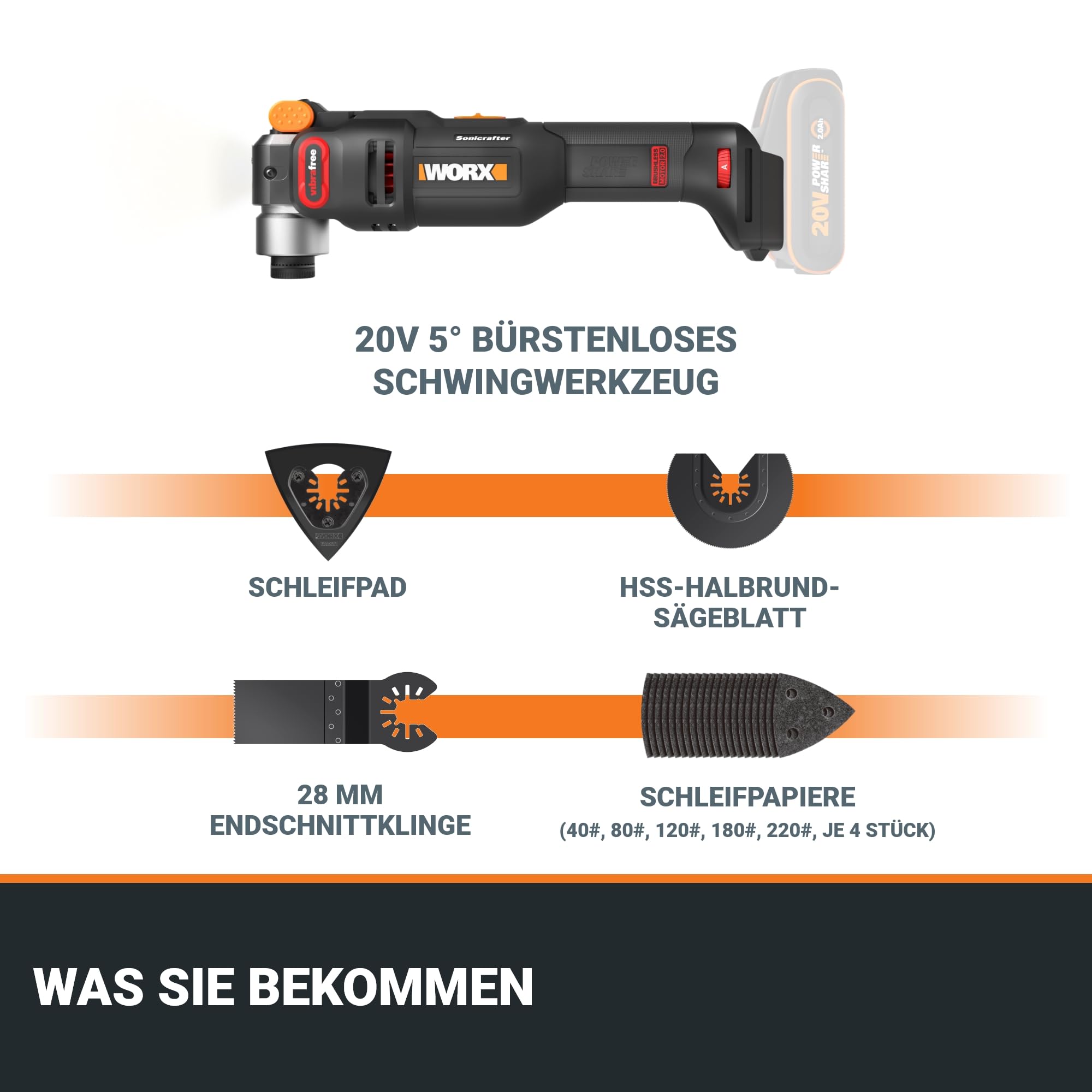 WORX Nitro WX698.9 Sonicrafter Akku Multifunktionswerkzeug 20V – bürstenloser Motor –PowerShare – zum Schneiden, Sägen, Schleifen – 10000-20000/min – ohne Akku & Ladegerät