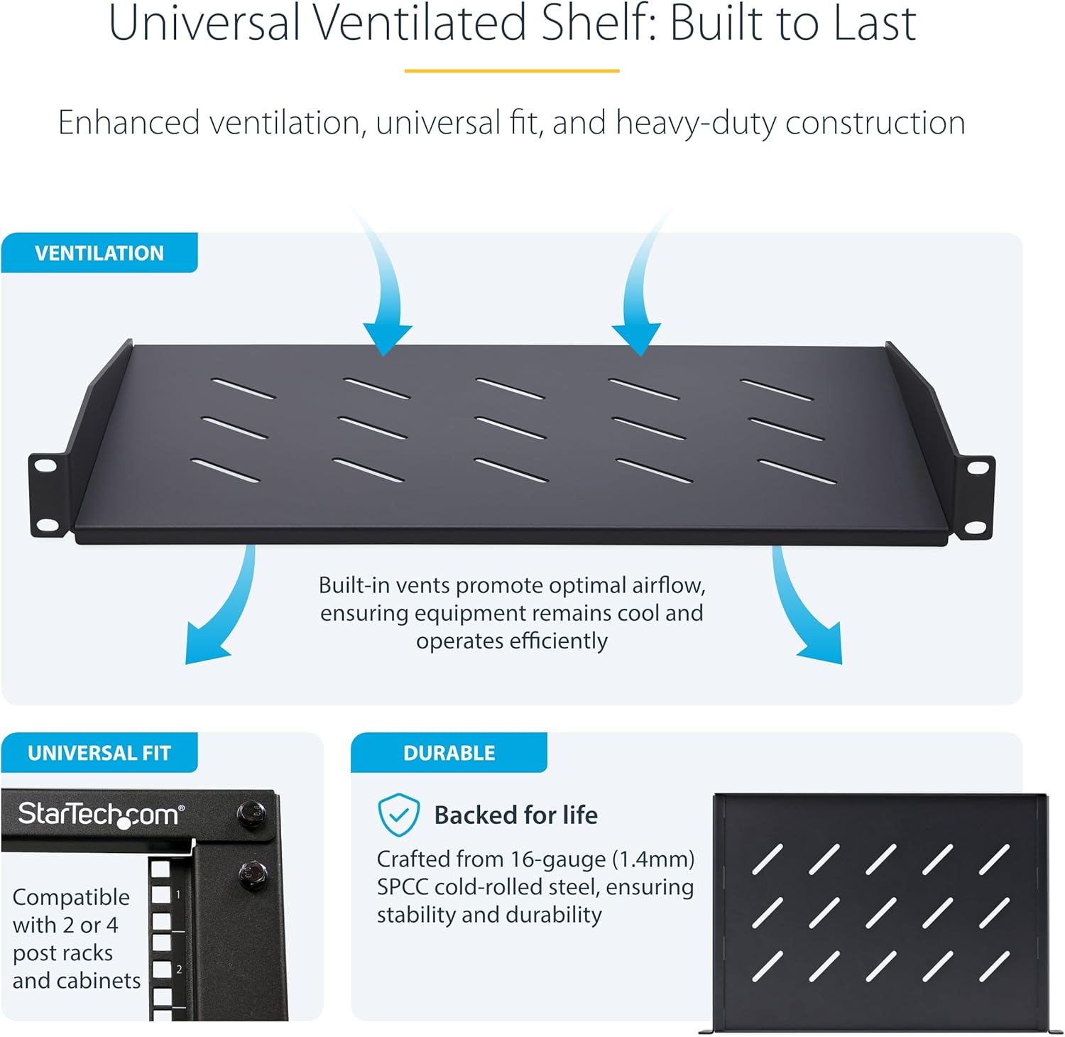 StarTech.com 1U Vented Server Rack Shelf, 12in/31.5cm Mounting Depth, for 19" Rack/Cabinet, SPCC Steel, Max 25lb/11.3kg
