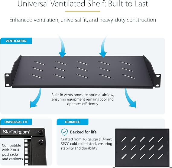 StarTech 1U Vented Server Rack Shelf, 12in, 25lb (CABSHELFV1U-12-RACK)