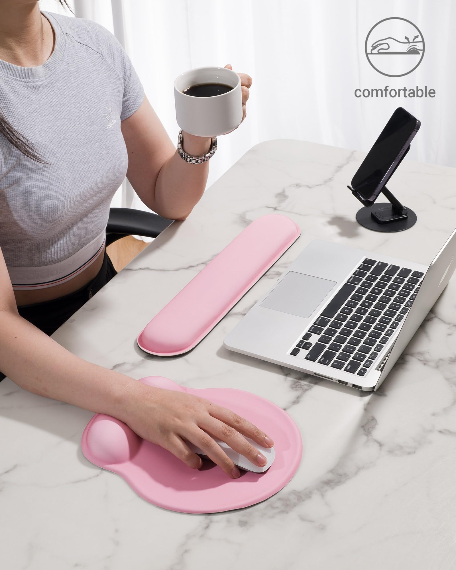 Laborio Set di tappetini per mouse ergonomici con supporto per il polso, in memory foam, per alleviare il dolore al polso, base antiscivolo (set rosa)