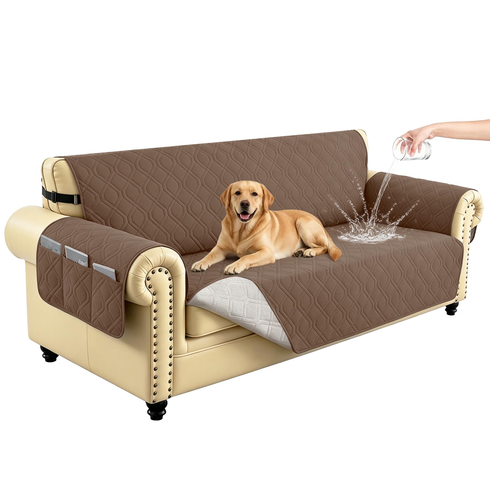 Hiiksolo Waterproof Sofa Cover, Non-Slip Loveseat Slipcover with Elastic Straps, Quilted Couch Protector for Pets Dogs Cats, Machine Washable & Furniture Protector for Kids, 3 Seater Dark Brown
