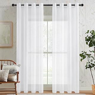 MRTREES Cortinas translúcidas de gasa, 2 paños de lino sintético con ojales para dormitorio, sala de estar, puerta de patio, 132 cm x 183 cm, color blanco