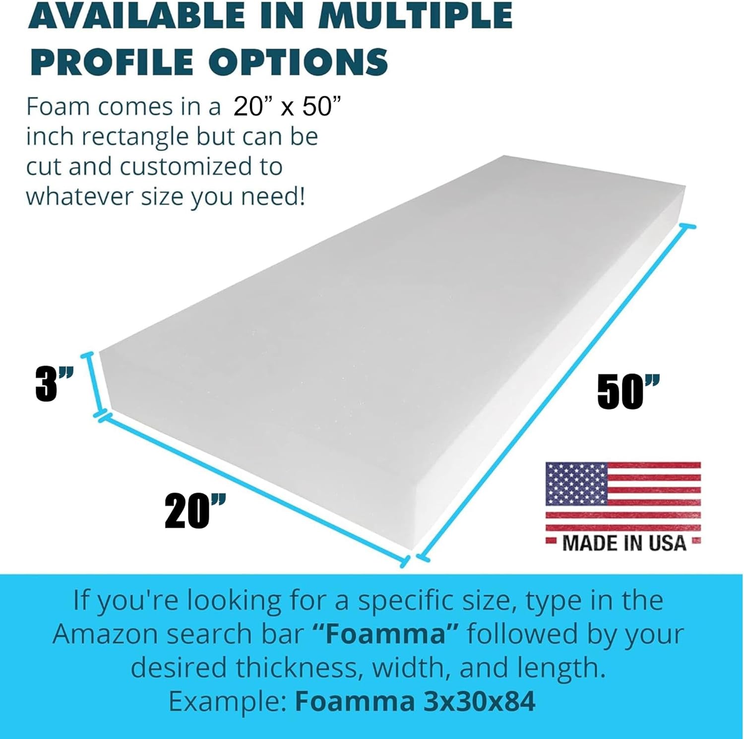 Foamma 3" x 20" x 50" Medium Density Upholstery Foam Cushion (Seat Replacement, Upholstery Sheet, Foam Padding) Made in USA!