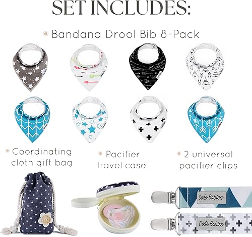 Miniatura 3 de Dodo Babies Juego de baberos bandana  Ocho baberos 100% algodón con forro de poliéster suave, 2 clips para chupete, funda Binky, bolsa de regalo