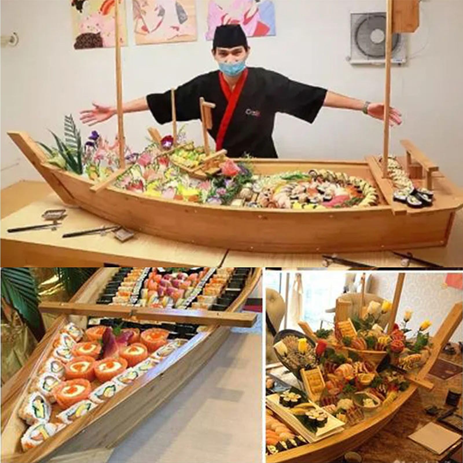 Bateau à Sushi En Bois 52x19 Cm - Plateau De Service Pour Sashimi, Fruits De Mer - Pour Restaurant Ou Maison - Facile à Nettoyer