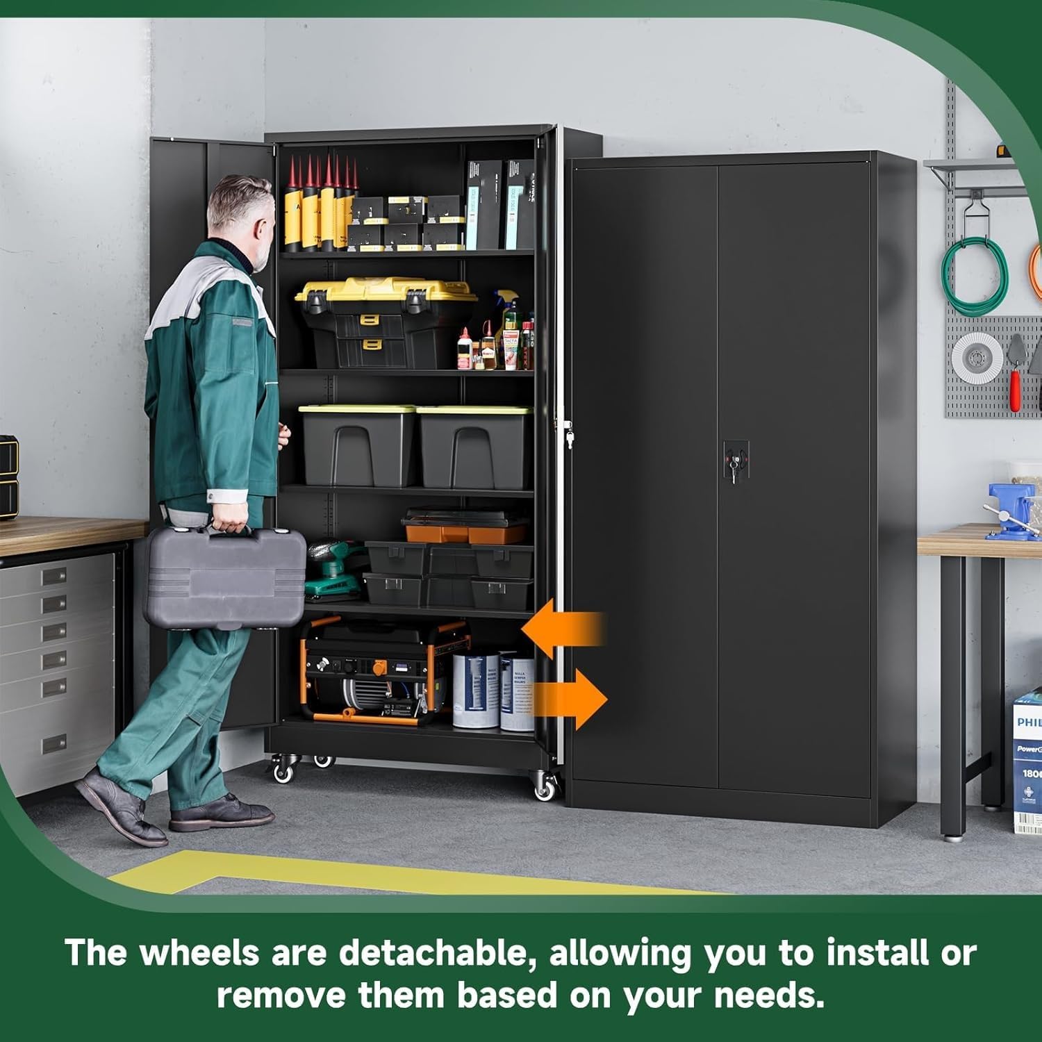 A person pushing the cabinet on its wheels in a garage setting, demonstrating mobility.