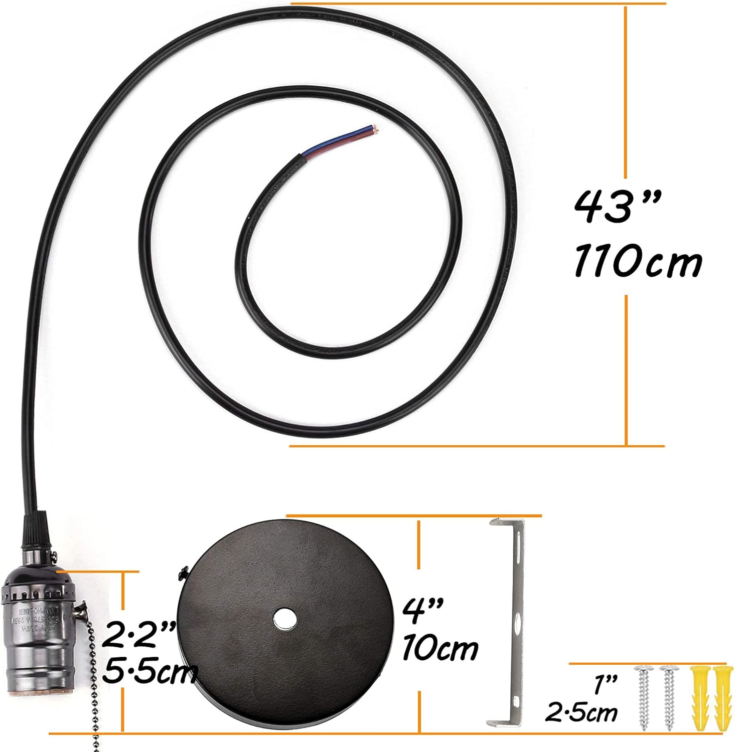 ACBungji Industiral Pendant Light Fixture with Pull Chain,DIY Vintage Hanging Lighting Kit with E26 Edison Bulb Socket 3.6FT Electrical Cord Wire for Indoor Kitchen,Black