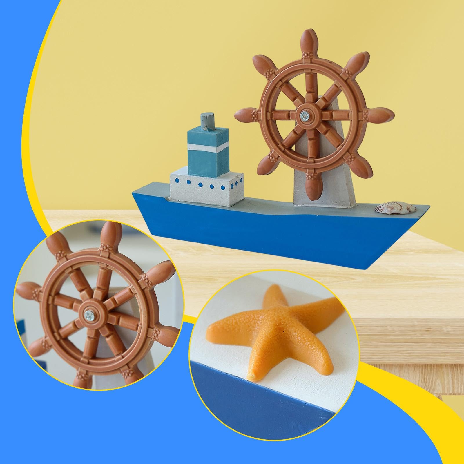 Gralara Maquette de Voilier En Bois, Décoration, Cadeau Nautique, Gouvernail avec Barre à Roue pour Hôtel Ou Ferme, Bleu Clair