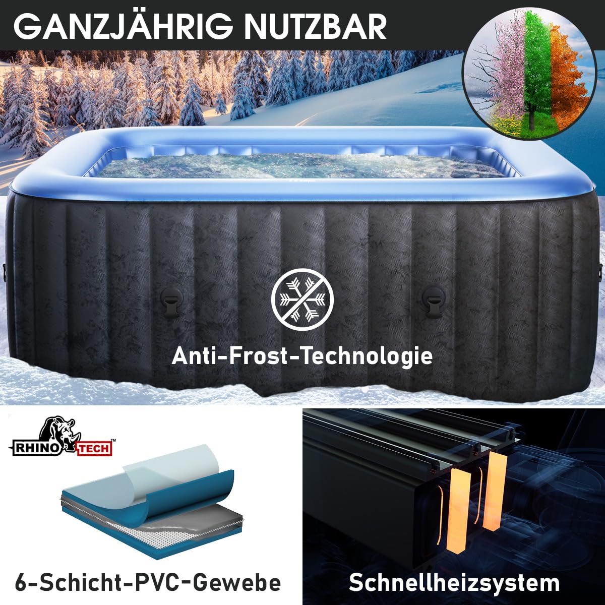 Whirlpool aufblasbar BRAST MSpa Tekapo für 6 Personen 185x185cm In-Outdoor Pool 132 Massagedüsen Energiespar-Timer Heizung Aufblasfunktion per Knopfdruck Bubble Spa Wellness Massage