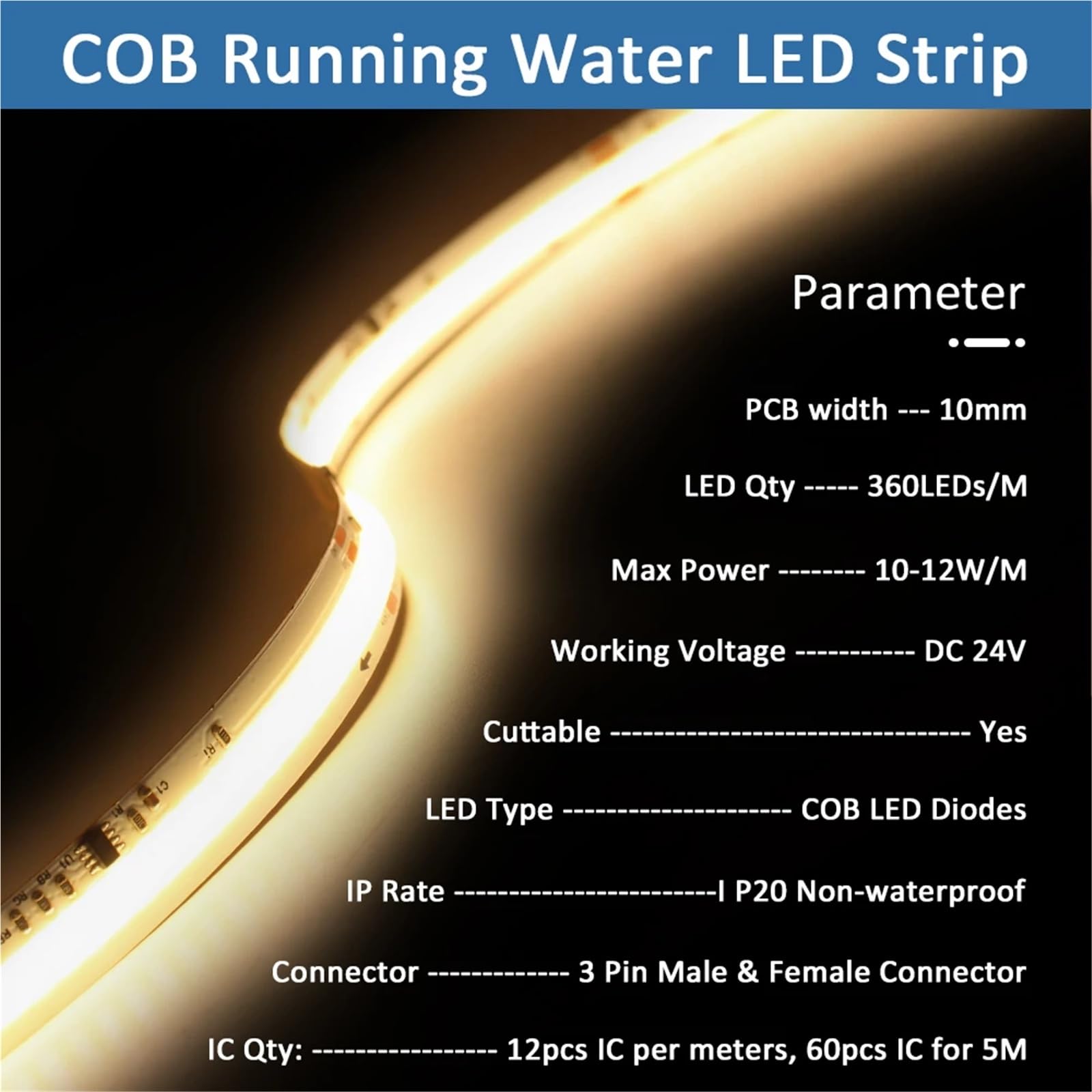 24V Running Water COB Led Strip Light 5M 10M 15M Flow Chasing Flexible Tape Ribbob Lamp for Room Decoration(Cool White 6000K,10M Full Set)