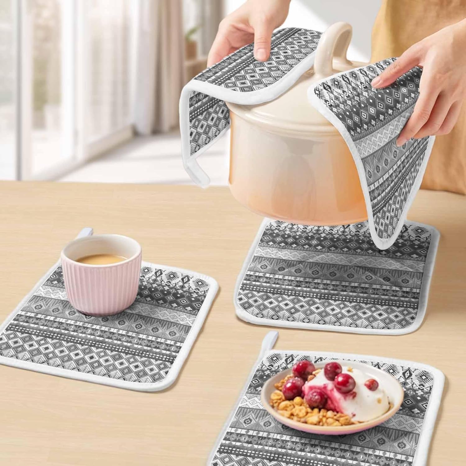 Grey White Boho Pot Holders for Kitchen Heatproof Potholder, 5 Pack Vintage Ethnic Tribe Abstract Art Hot Pads Multipurpose Oven Pads Cloth Potholders Trivet for Cooking Baking