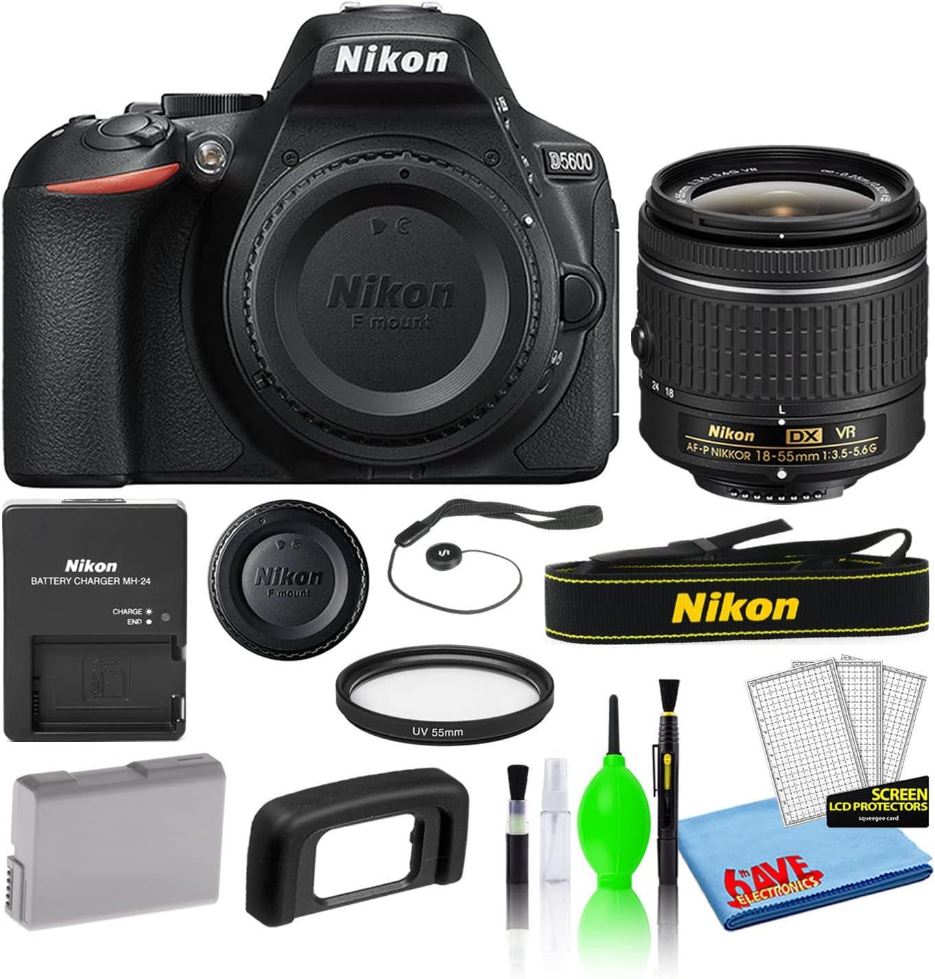 Nikon D5600 24.2MP DSLR Digital Camera with AF-P DX 18-55mm Lens (1576) Deluxe Bundle with 55mm UV Filter + Battery + Battery Charger + Deluxe Camera Cleaning Kit (Renewed)