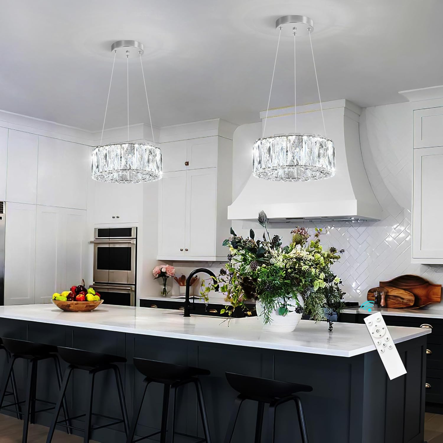 HAIXIANG Modern Crystal Chandelier Dimmable LED 8 Inch Ring Pendant Lights Adjustable Glam Chandeliers Lighting Fixtures for Dining Room Living Room Bedroom Silver Light