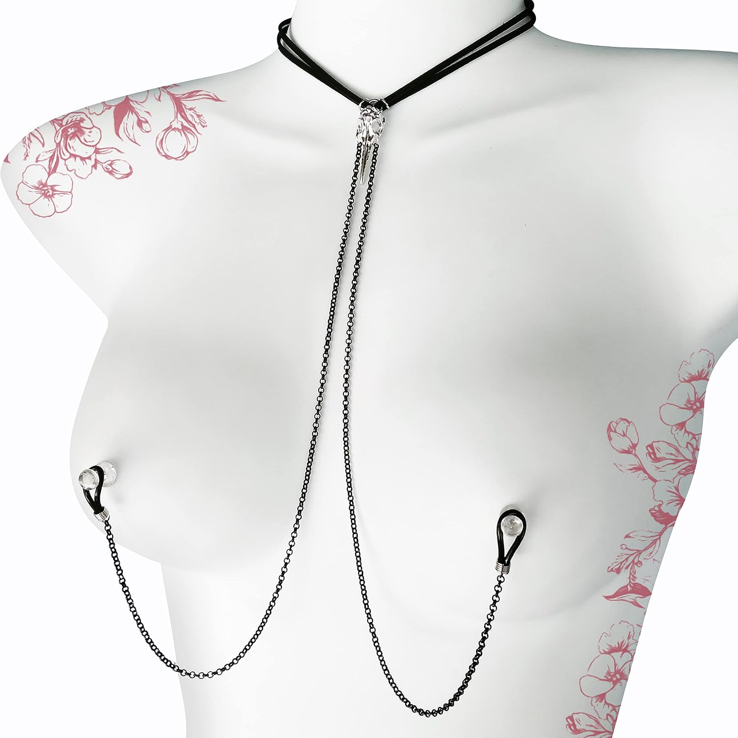 Leather Choker to Nipple Nooses with Bird Skull - Gothic Black Necklace with Chain to Nipples - Intimate Collar with Chain