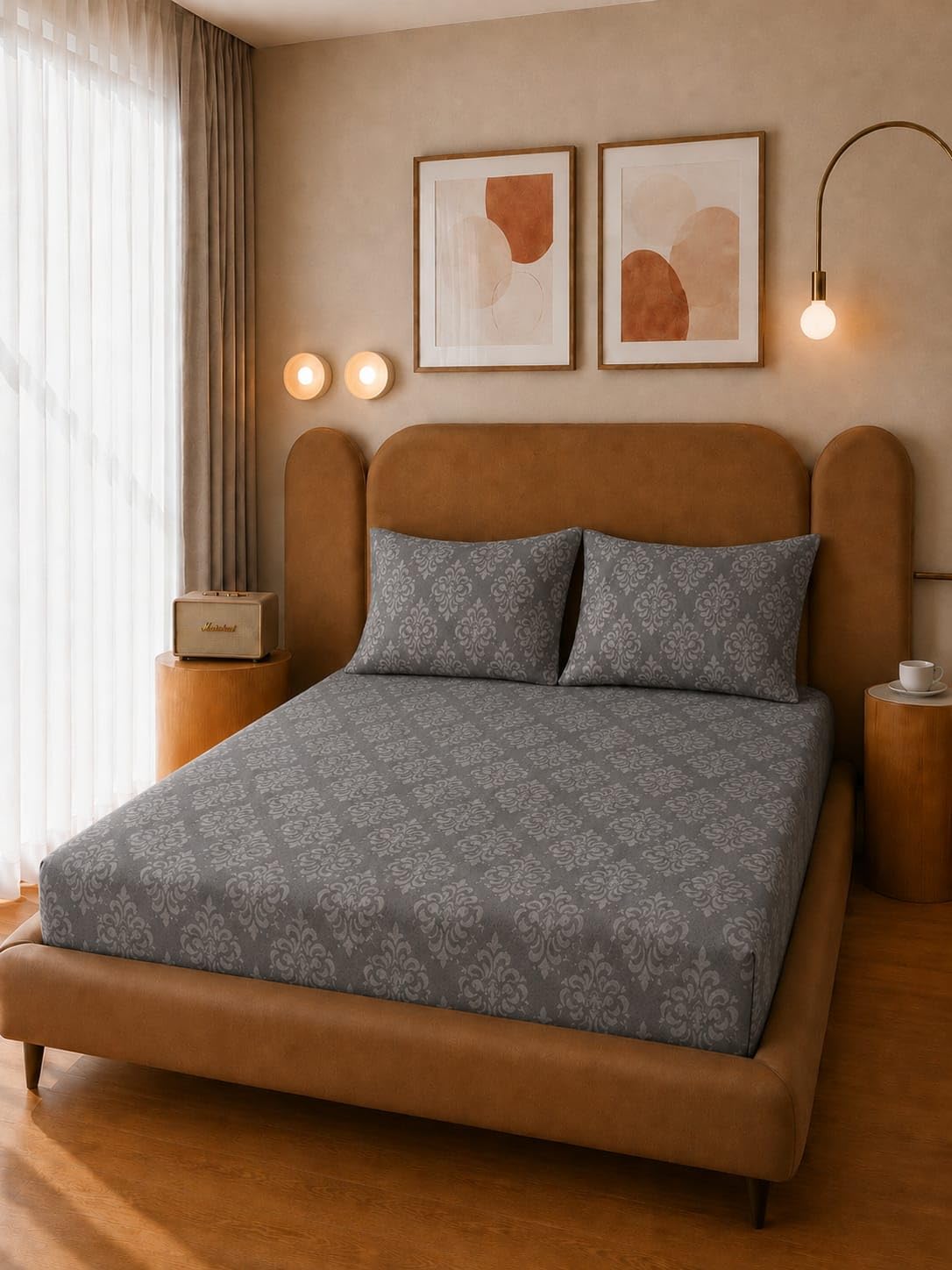 THE HOME STYLE Cotton Feel Glace Cotton Elastic Fitted Printed King Size Double Bed Bedsheet with 2 Pillow Cover Fits Upto 8 Inches Mattress, 300TC (72"x78", Ash Grey Barocca)
