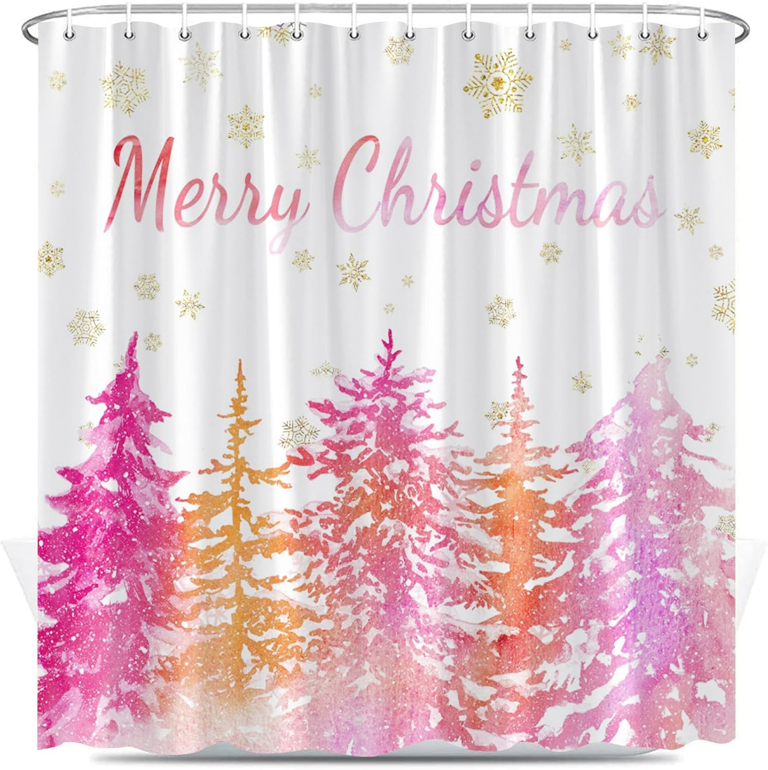 Merry Christmas Shower Curtain Winter Forest Pine Tree Fir Snowflake Snowy Rustic Xmas New Year Holiday Bathroom Decor Polyester Fabric with Hooks