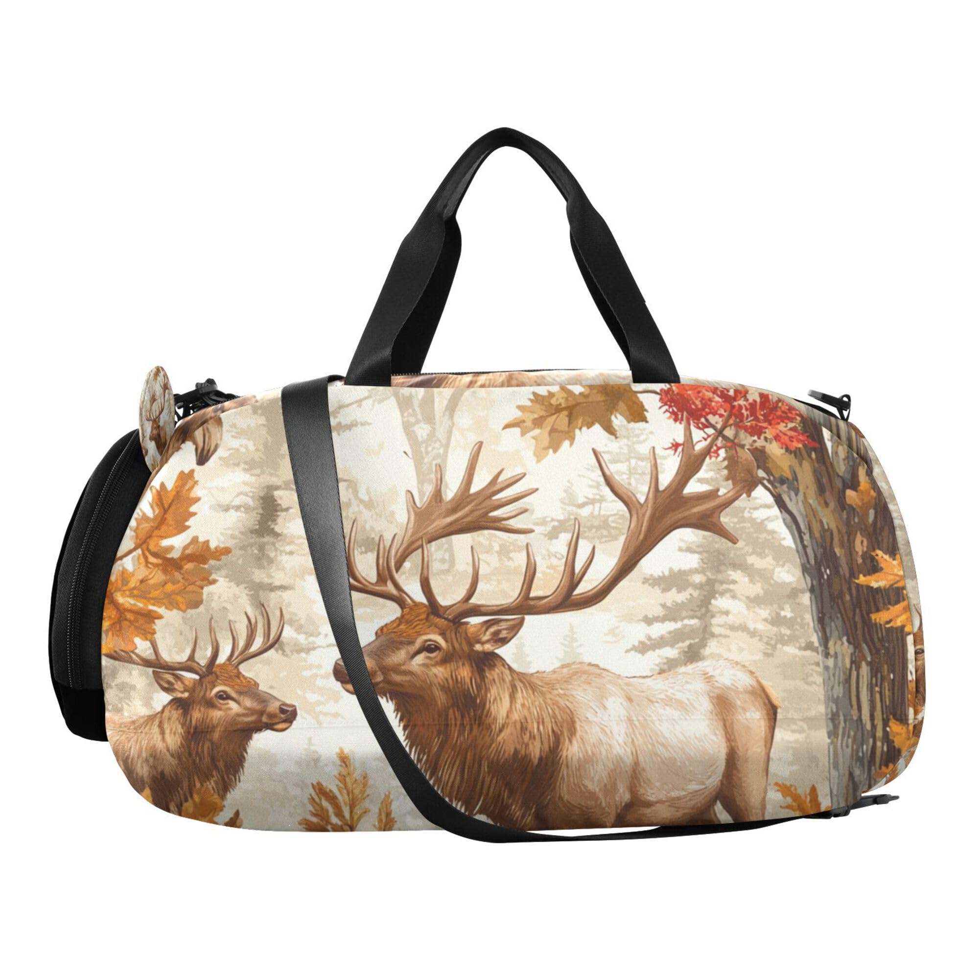 Glaphy Autumn Forest Moose Trees Duffle Bag for Toddler Boys Girls, Gym Sports Bag with Shoe Compartments, Kids Travel Overnight Weekender Shoulder Bag