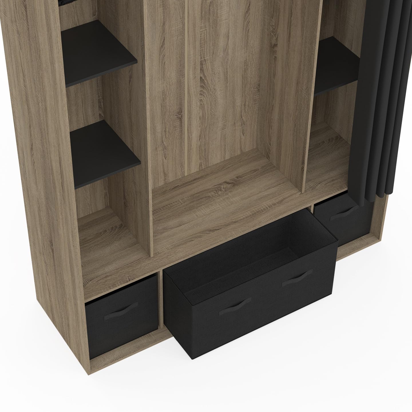 IDMarket - Dressing penderie DIANE 140 x 45 x 167 cm hêtre avec étagères + boites de rangement + rideau noir