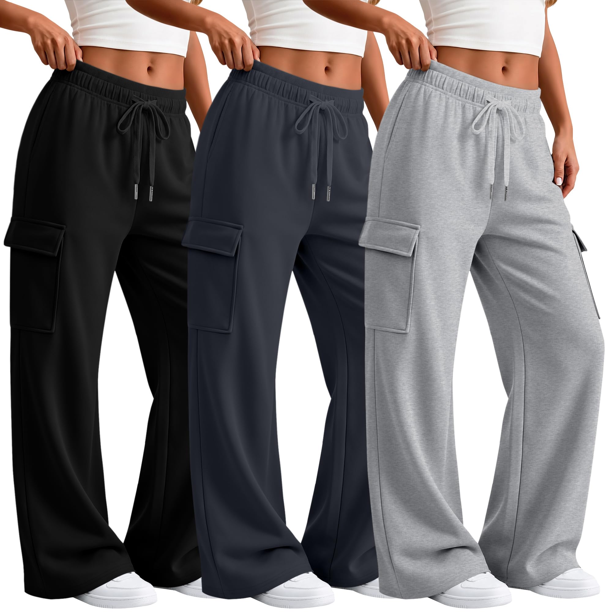 Velvelhall 3 Pack Womens Cargo Sweatpants Baggy Wide Leg Pants | Elastic Waist Drawstring Pants with Pockets, Athletic Open Bottom Joggers, Gym Workout Bottoms, Casual Loose Casual Trousers
