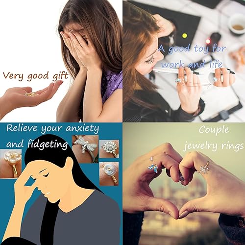 Miniatura 6 de Telinkin 4 anillos giratorios para ansiedad, chapados en oro o plata, con circonita cúbica giratoria, libélula mariposa, girasol, cinco pétalos,