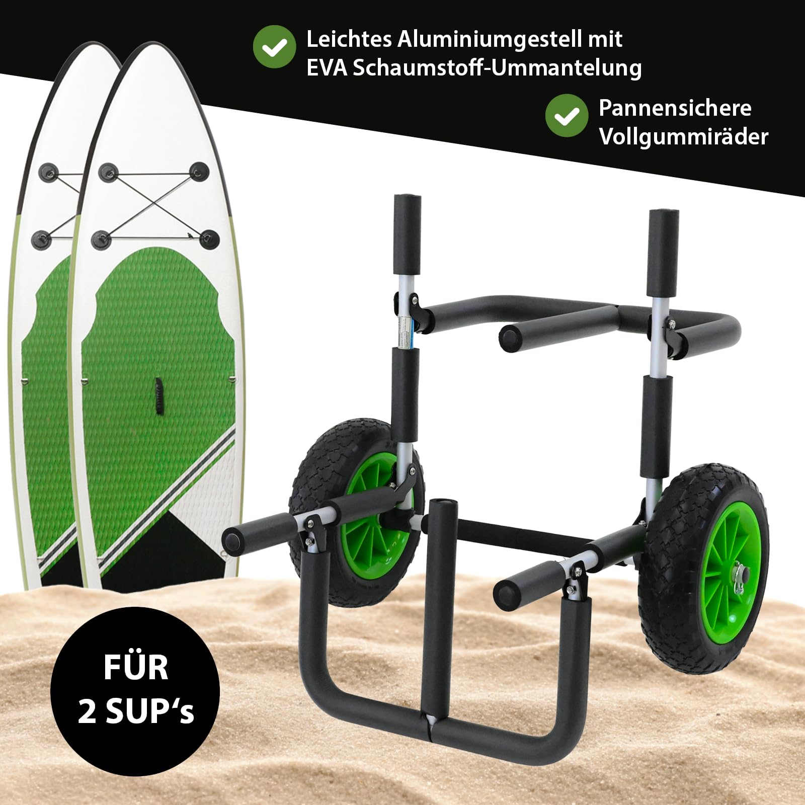 TRUTZHOLM SUP Wagen aus Aluminium mit Schaumstoff-Polsterung für Wassersportgeräte klappbarer Stand Up Pladdle Wagen mit PU-Rädern Kajakwagen Trolley Bootswagen Surfwagen inkl. 2 Sicherheitsgurte