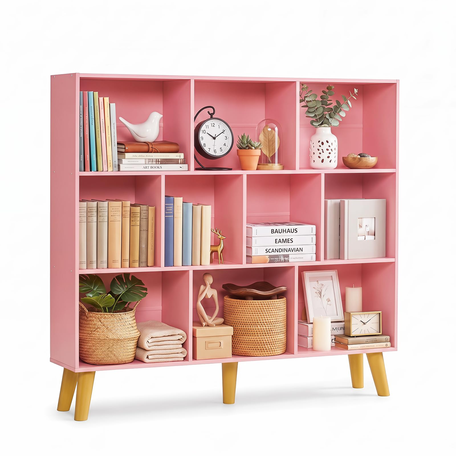 YAHARBO 10 Cube Bookshelf,3 Tier Bookcase with Legs,Light Pink Mid-Century Modern Bookshelves,Large Free Standing Open Storage Organizer Shelf,Tall Wooden Book Case Furniture for Bedroom,Living Room