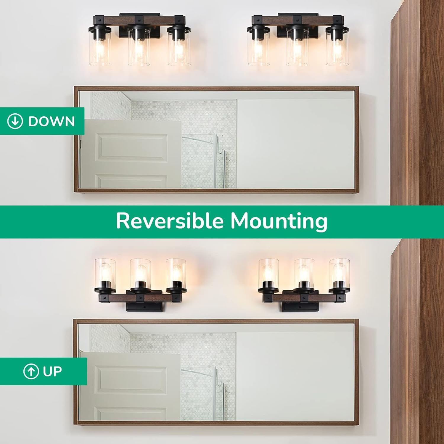 EDISHINE Farmhouse Vanity Lights for Bathroom, 3-Light Bathroom Vanity Lights Over Mirror, Wall Sconce with Clear Glass Shades for Vanity Table, Living Room(E26 Base)