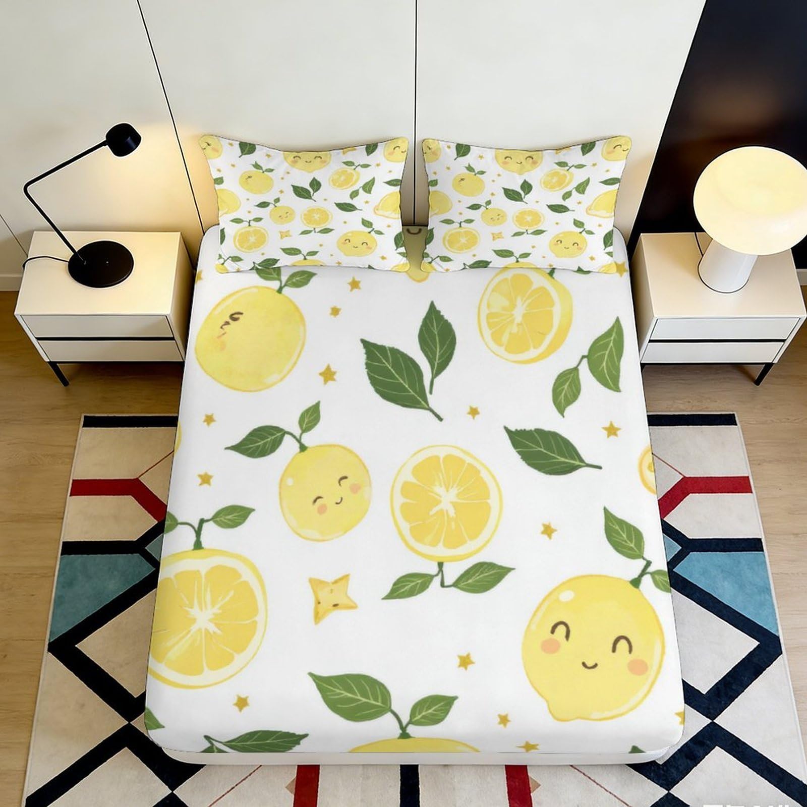 3D Printed Lemon Fruit Fitted Sheet Microfiber Soft Yellow Cartoon Pattern Mattress Cover for Bedroom Guest Room Decor 90x200x25cm
