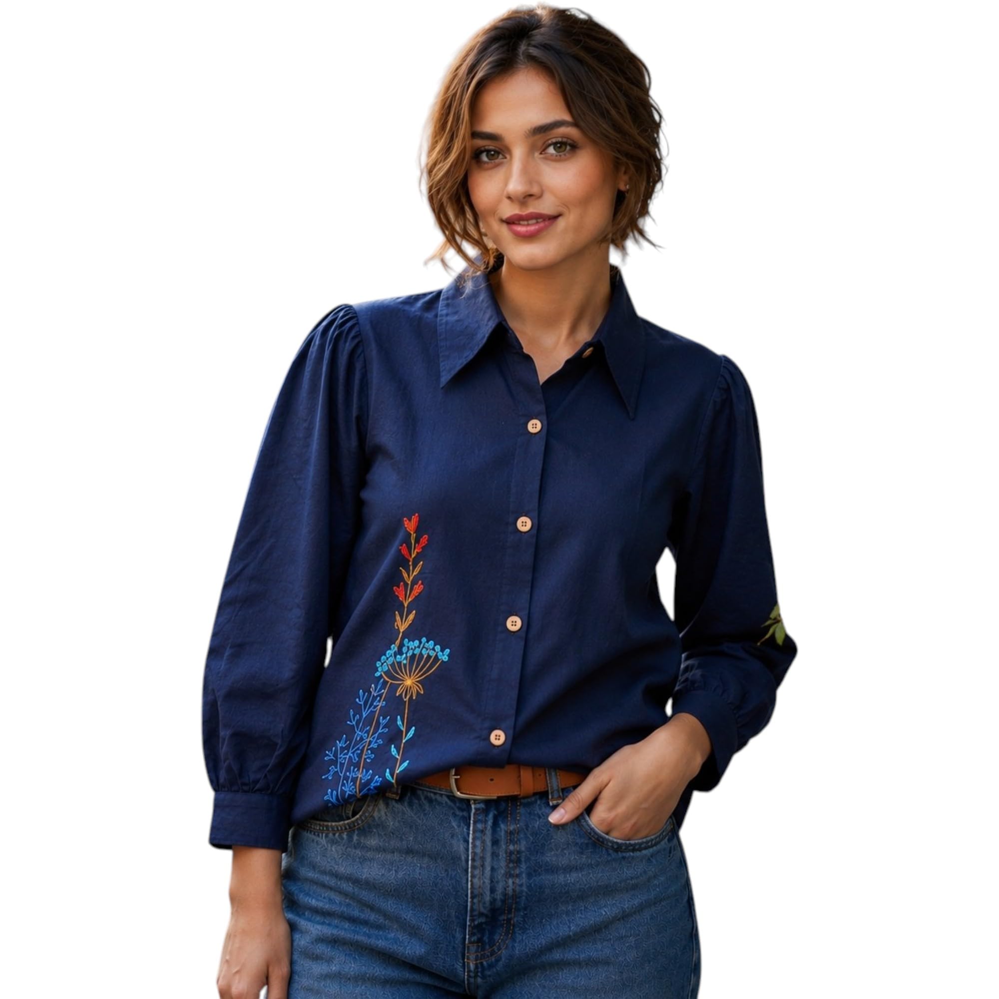 rieka Women Western Shirt Floral Embroidered |Button Down Collared Cotton |Full Sleeve Casual Relaxed Fit Everyday Office Wear Shirt for Women-picture-15