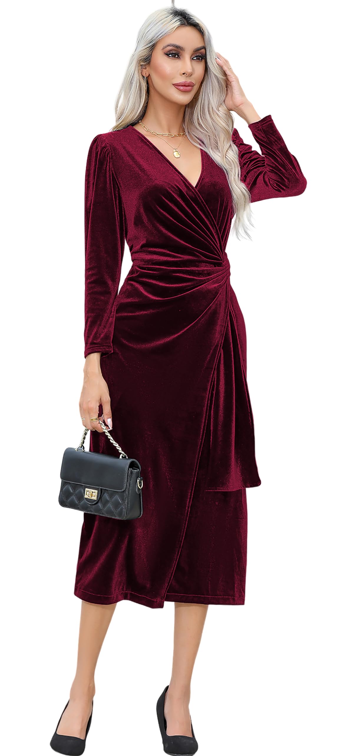 R.Vivimos Automne Hiver Femmes Sexy Col V Enveloppé Robe Manches Longues Velours Volants Robe Midi élégante Robe Cocktail