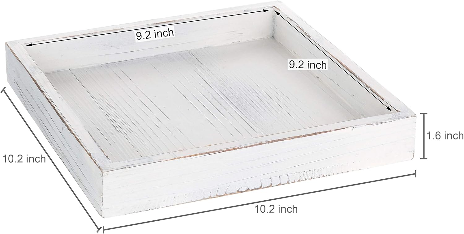 MyGift Whitewashed Wood Serving Tray with Handles | 10-Inch Decorative Farmhouse Wooden Ottoman, Coffee Table, Centerpiece Tray